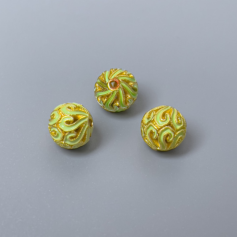 Cloisonné bead lime enamel, 8 mm diameter, 1 mm hole, gold-tone metal color, 1 piece
