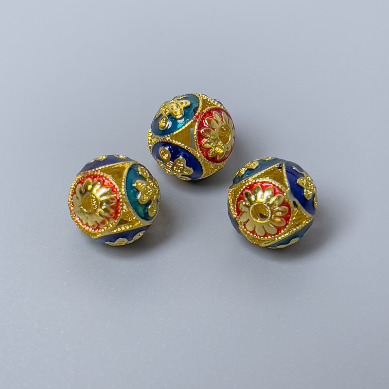 Cloisonné Bead red turquoise blue enamel, 10 mm diameter, 1.8 mm hole, gold-tone metal color, 1 pc