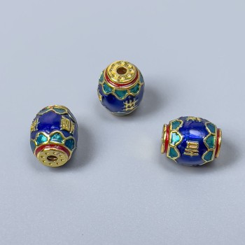 Cloisonné Barrel Bead with Enamel - Blue, Green and Red, 8×10 mm, 1.5 mm hole, gold-tone metal, 1 piece
