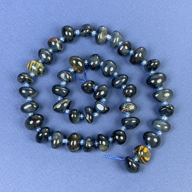 Hawk's Eye Beads, Tumbled 9x9mm +/- on Thread, Length 41cm+