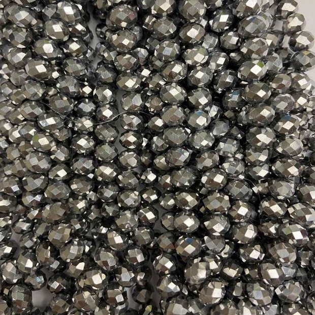Beads Czech Crystal on thread with light gray coating, faceted rondel, diameter 8x6 mm +/-, length 40 cm +