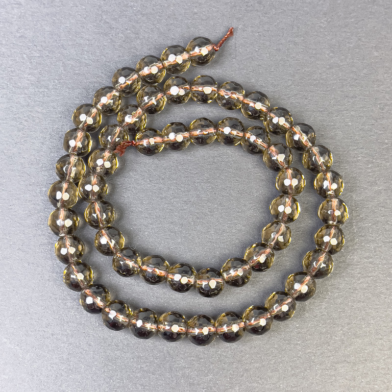 Smoky Quartz Beads, Faceted Ball 8 mm, on Thread, Length 32 cm+