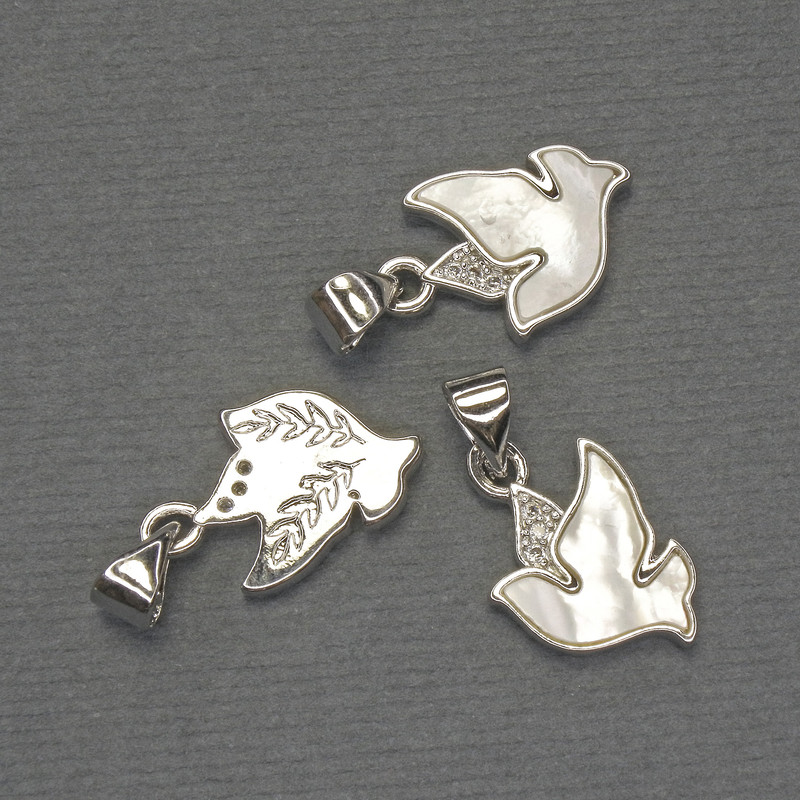 Mother-of-Pearl Bird Pendant with White Crystals, Silver-Tone Metal, diameter 17×11 mm ±, length 20 mm+