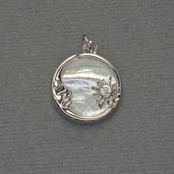 Mother-of-pearl pendant, circular, silver-toned metal, diameter 16mm, length 20mm