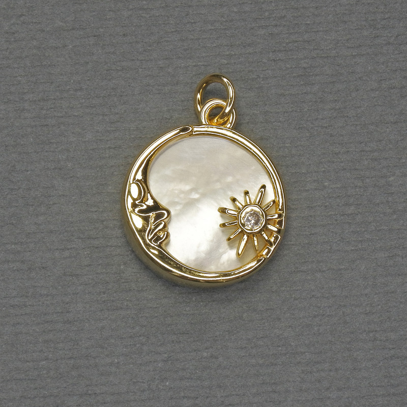Pendant with Mother-of-Pearl in a Gold-Toned Metal Setting, Circular, Diameter Approximately 16 mm, Length 20 mm ±