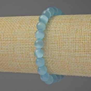 Blue Cat's Eye Bracelet with Smooth 8mm Beads, 18 cm Length, Elastic