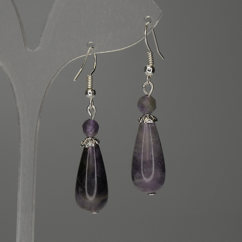 Amethyst teardrop earrings, 23×10 mm ±, with a 6 mm faceted bead ±, length 50 mm ±