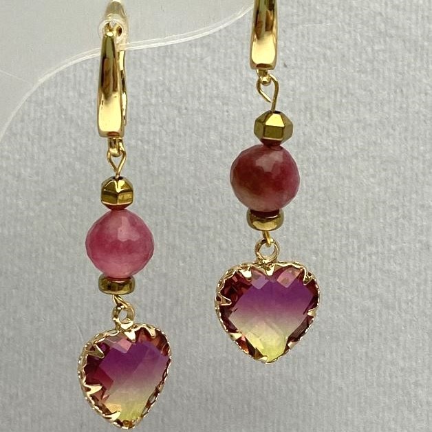Tourmaline Earrings with Faceted 8mm Ball and Heart 12mm Pendant, Length 47mm±