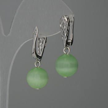 Cat's Eye Bead Earrings, Green, 12 mm Bead, Length 31 mm