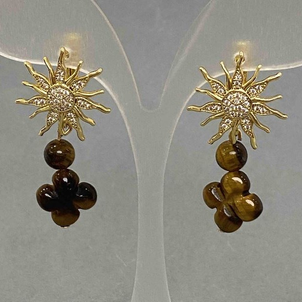Tiger's Eye Clover Earrings, diameter 14mm±, ball 6mm±, star-shaped earwire, diameter 20mm±, length 41mm±