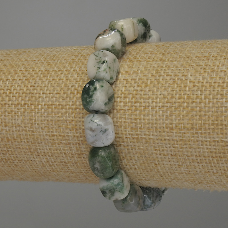 Bracelet Moss Agate Beads, Tumbled, Diameter 10–13×9–11 mm ±, Length 18 cm ± Stretch