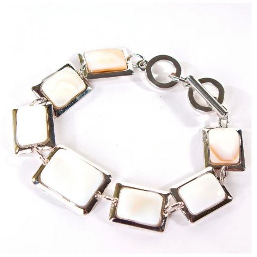 Clearance. Mother-of-Pearl Bracelet with Smooth Bezel, Rectangular Stones 18×22 mm and 15×20 mm, Length 18–21 cm