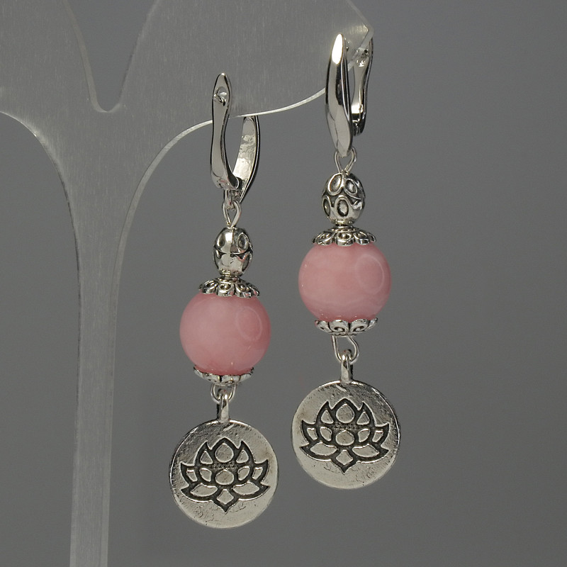 Pink Quartz Bead Earrings 12mm ± with Metal Inlays, Length 60mm+