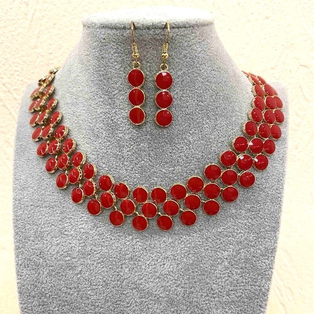 Berry Necklace and Earrings Set, Gold-tone Metal with Red Gloss