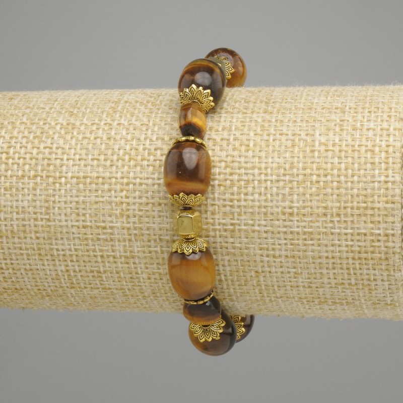 Tiger's Eye Barrel Bracelet, 14x10 mm faceted coin beads, 8 mm beads with metal inserts, 18 cm stretch