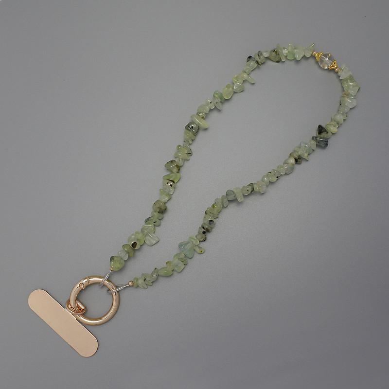 Phone charm with Prenite crumb beads 4-10×2-4mm + ring, 24mm ring diameter for ears, length 40cm (bead length 37cm)