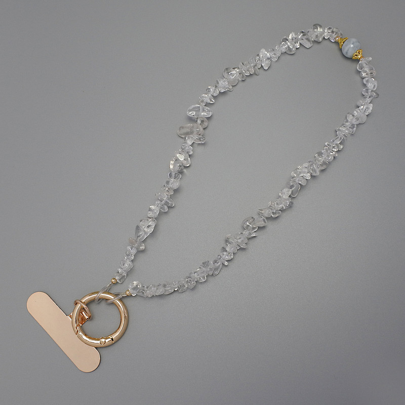 Phone charm with mountain crystal shard 4-8×2-5 mm + ring, 24 mm diameter, for ear hooks, length 40 cm (bead length 37 cm)