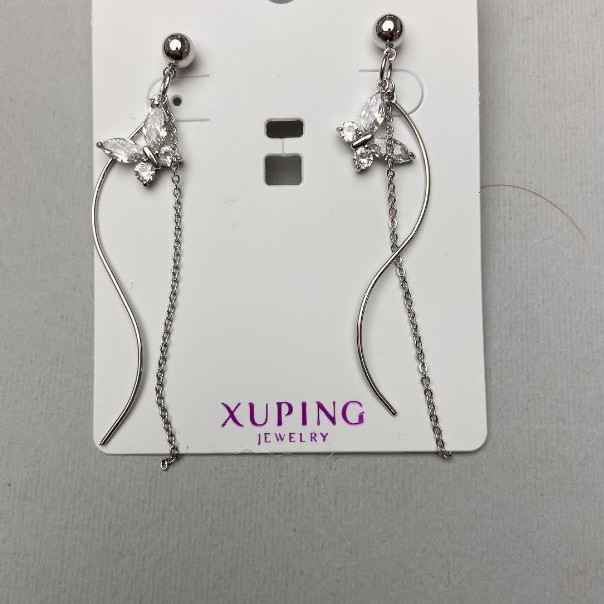 Xuping Earrings with White Crystals, 67mm Length, Rhodium