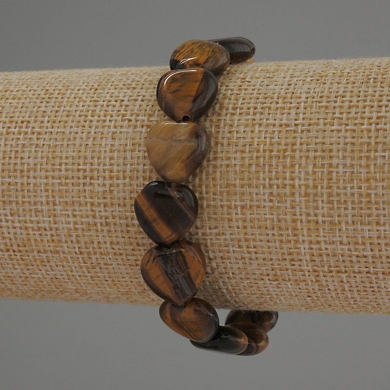 Tiger's Eye Heart Bracelet, 12mm Heart Beads, 18 cm Length, Elastic