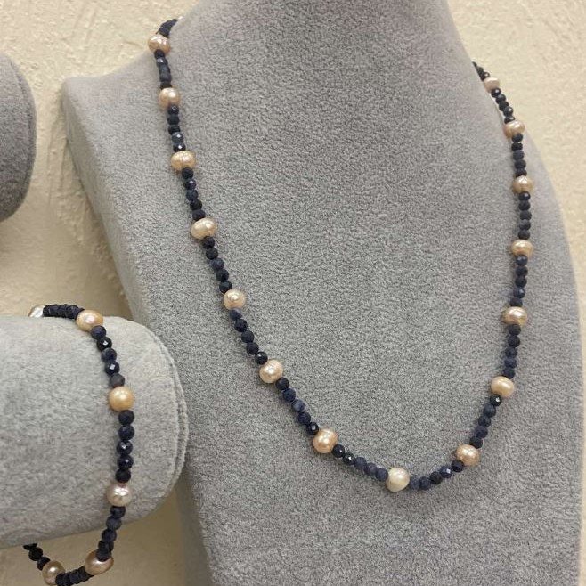 Set of Peach Freshwater Pearls and Sapphires