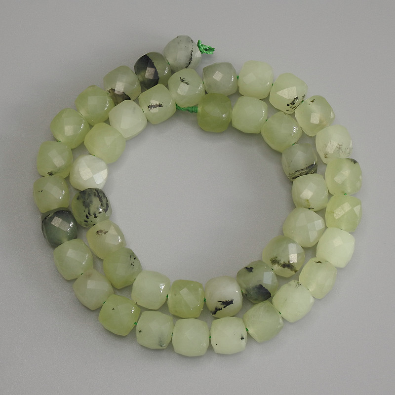 Prehnite Beads Cubic Faceted 9×9 mm ± on String, 37 cm length ±