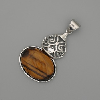 Cabochon Tiger's Eye Pendant 50×28 mm ± Silver-Colored Metal