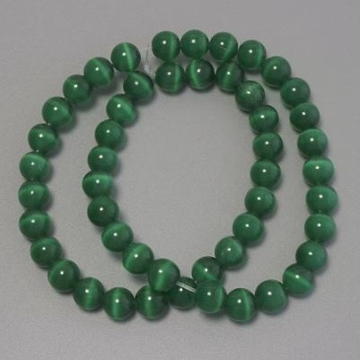 Cat's Eye Beads, Dark Green, Synthetic Stone, Smooth Round Beads, 8 mm Diameter on Beading Wire, 38 cm Long