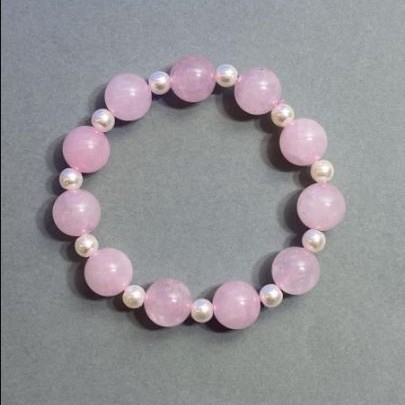 Bracelet Pink Quartz Smooth Beads, diameter 12mm± and Artificial Pearls 6mm±, length 18cm±, stretch
