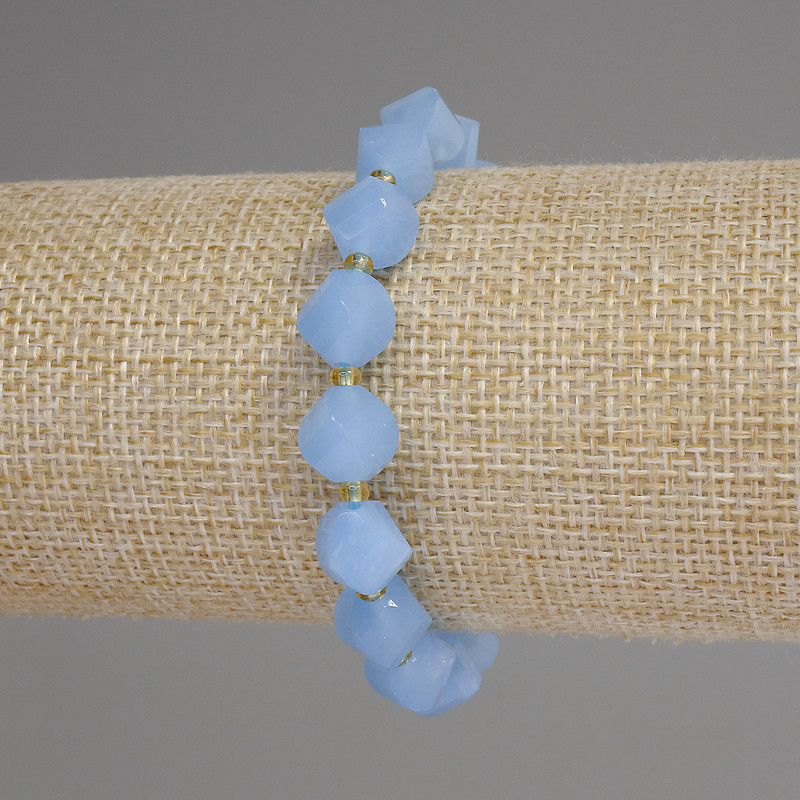 Aquamarine Bracelet with Faceted Rhombus Beads, approx. 10×9 mm, 3 mm Seed Beads, Length approx. 18 cm, Stretch