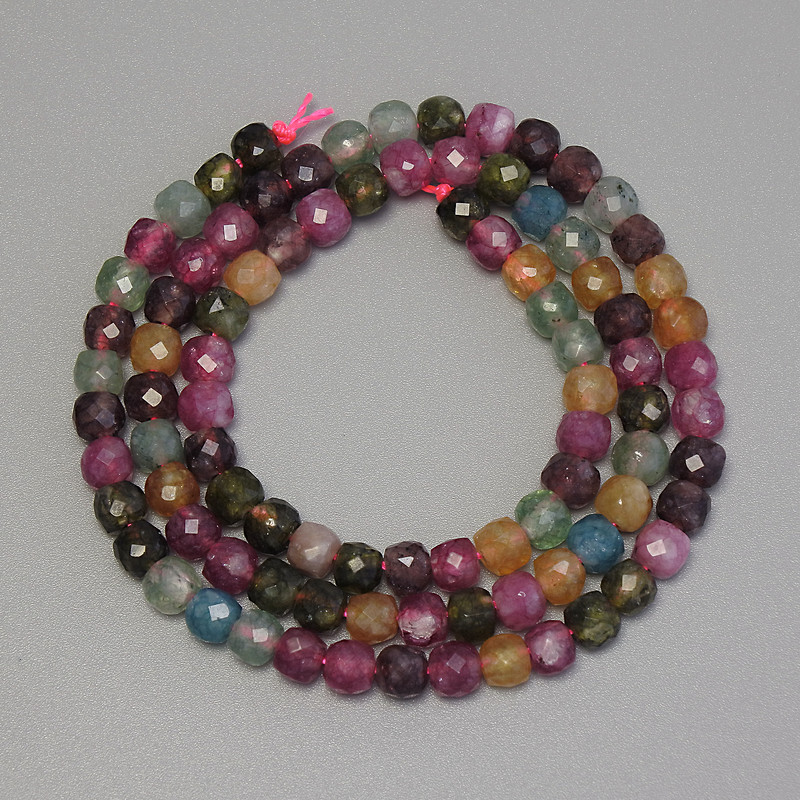 Faceted cube-shaped tourmaline beads, 4–5 mm diameter, 38 cm long on thread
