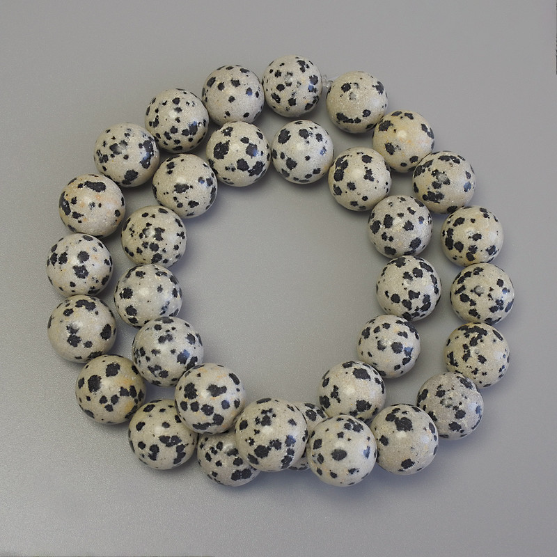 Dalmatian Jasper Beads on a Fishing Line, Smooth Round Beads, 12 mm Diameter, 38 cm Long