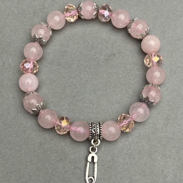 Bracelet with Rose Quartz Beads, 8 mm Diameter, Czech Crystal Rondelles 8x6 mm, with Metal Inserts, Length 18 cm, Stretch
