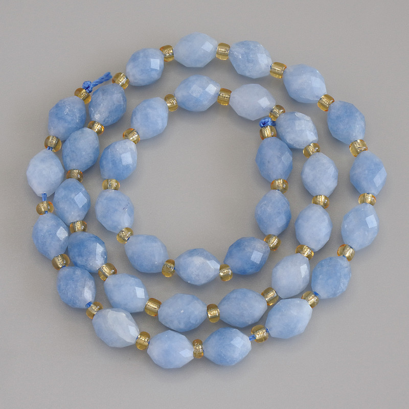 Aquamarine Beads - Faceted Grain, 8x6 mm, 5 mm +/- beads, 3 mm +/- seed beads on thread, length 37 cm+