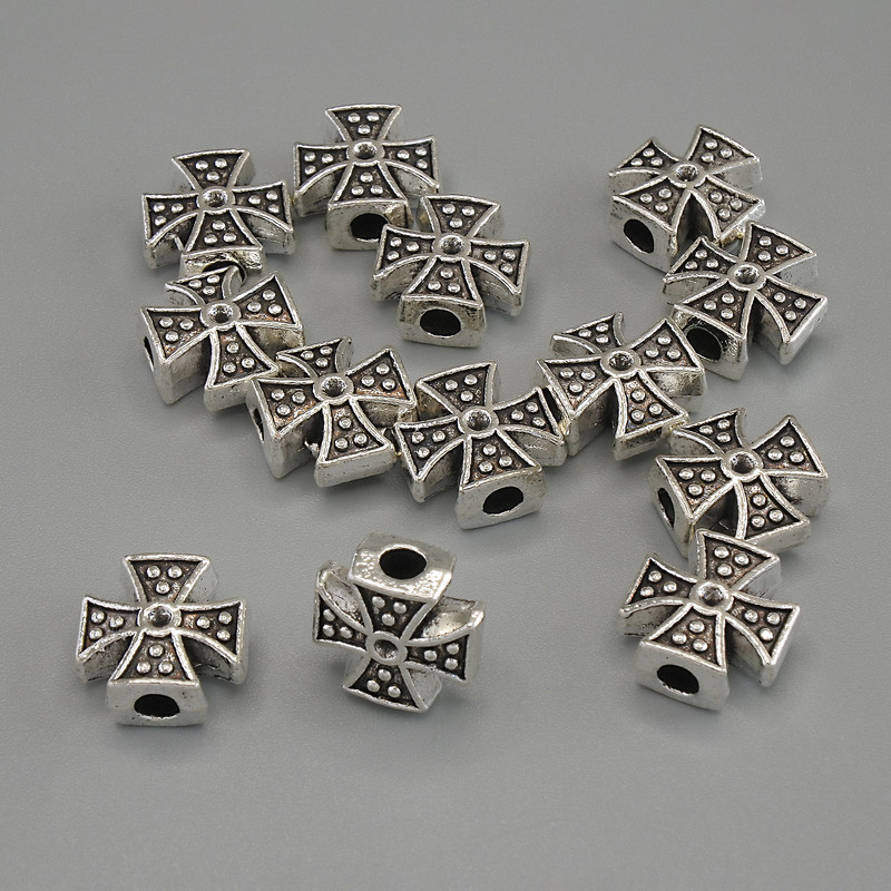 Cross-shaped bead insert finding, silver-colored metal, 11×11×5 mm ±, hole diameter 3 mm ±, packaging 20 g (~13 pcs)