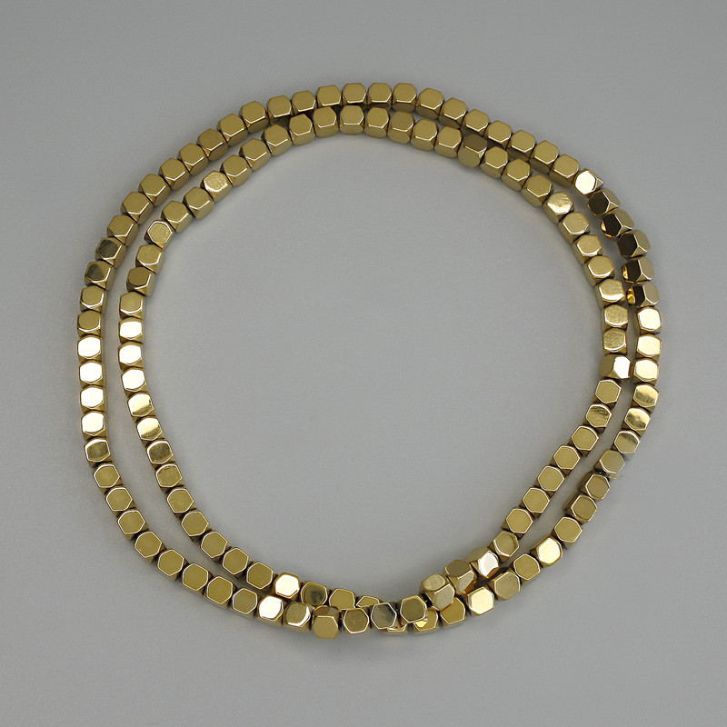 Hematite Beads, Gold-Colored, Faceted 4x4 mm ± on Thread, Length 40 cm+