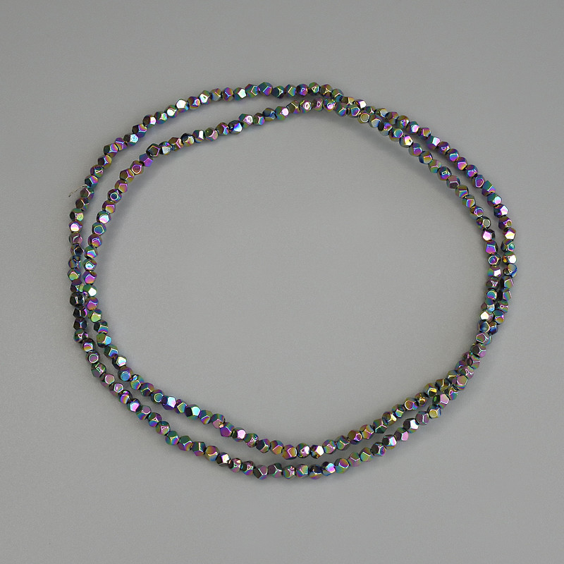 Rainbow hematite beads, rainbow color, faceted, 2x2 mm diameter, on beading wire, 40 cm length