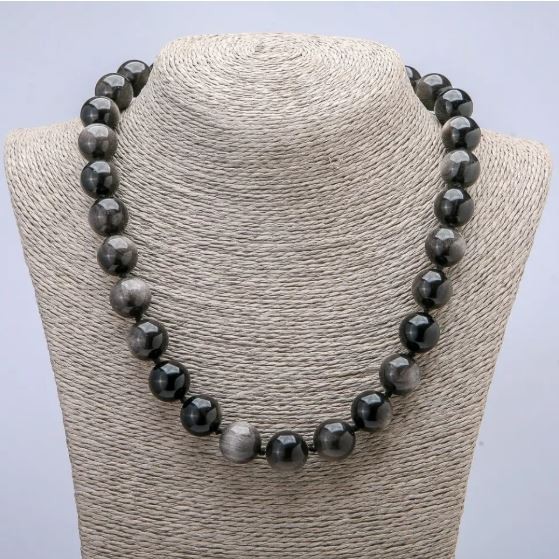 Natural Stone Necklace Silver Obsidian Smooth Bead, 14mm Diameter, 45cm+ Length