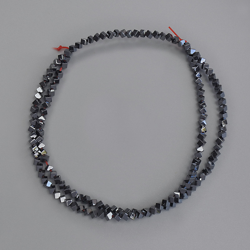 Hematite cube beads with a through hole 2x2 mm on thread, length 42 cm+