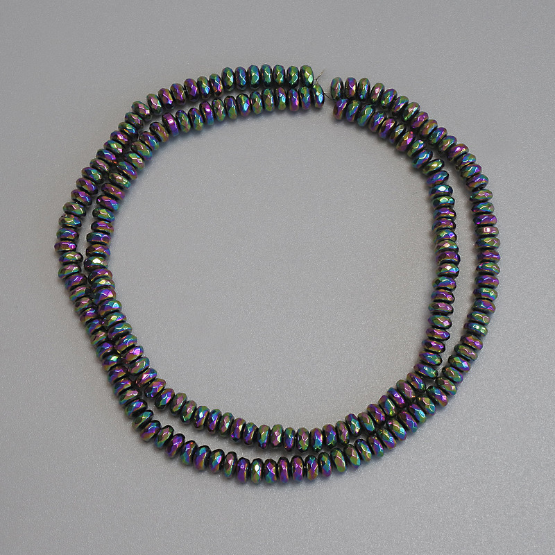 Rainbow Hematite Beads, Faceted Rondelle, 4x2 mm ± on Thread, Length 38 cm