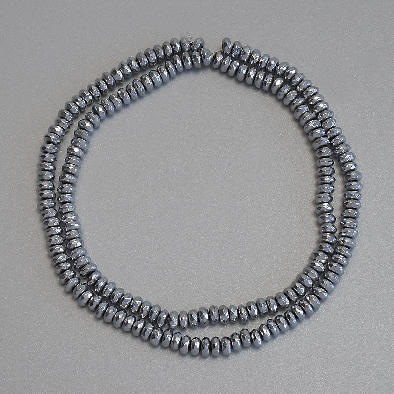 Hematite Beads Silver Color Faceted Rondel 4×2 mm ± on Beading Thread, Length 38 cm+