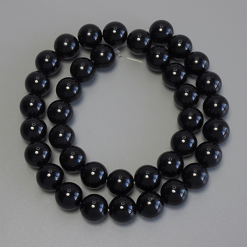 Black Tourmaline Beads, Smooth Round, 10 mm Diameter, 38 cm Length on Beading Thread