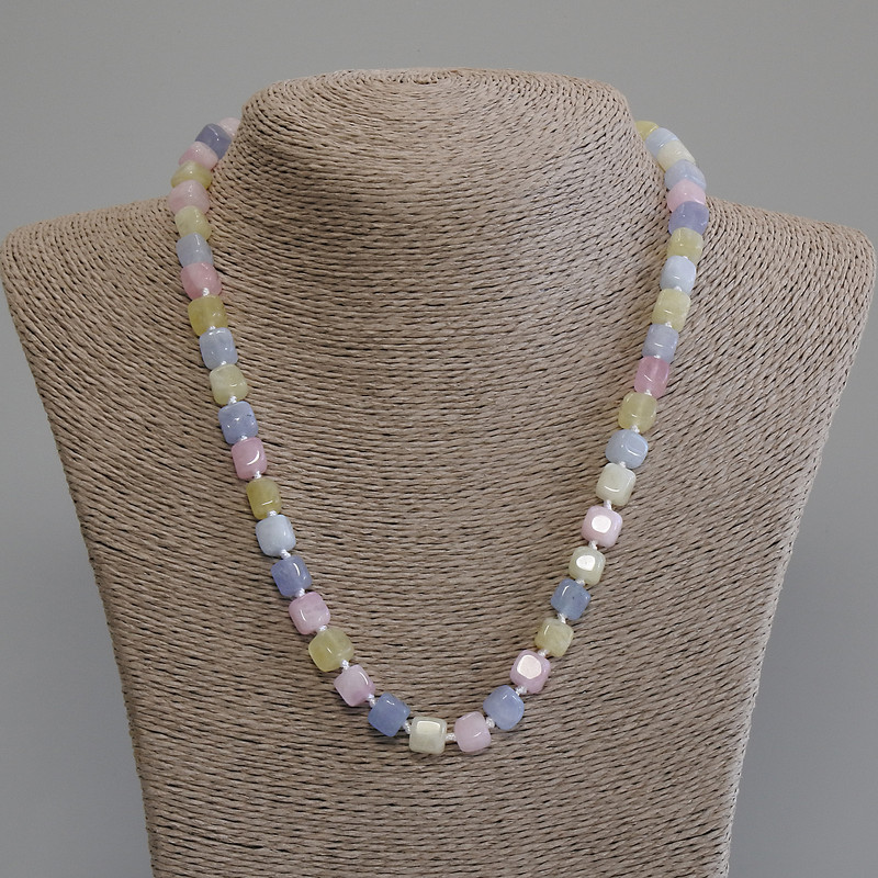Morganite Cube Necklace, 7×7 mm cube, length 50 cm, with clasp