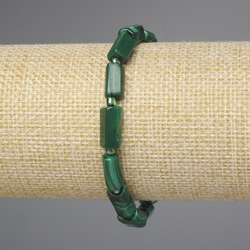 Malachite Bracelet with Faceted Beads, 11–13×6–7 mm, 3 mm Beads, Length 18 cm, Stretch