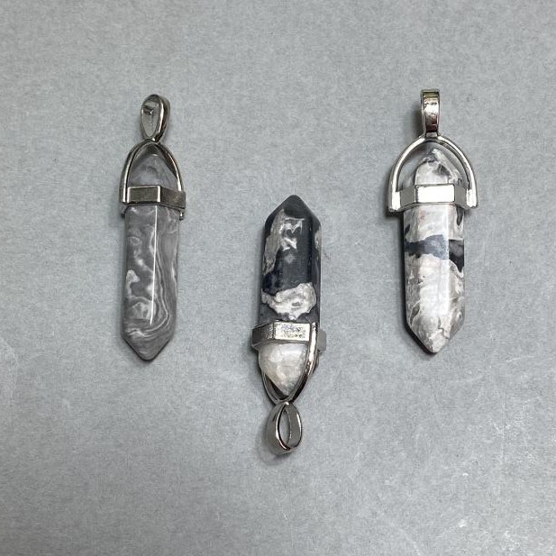 Hexagonal pendant with gray Jasper crystal ball 8x31x41mm+