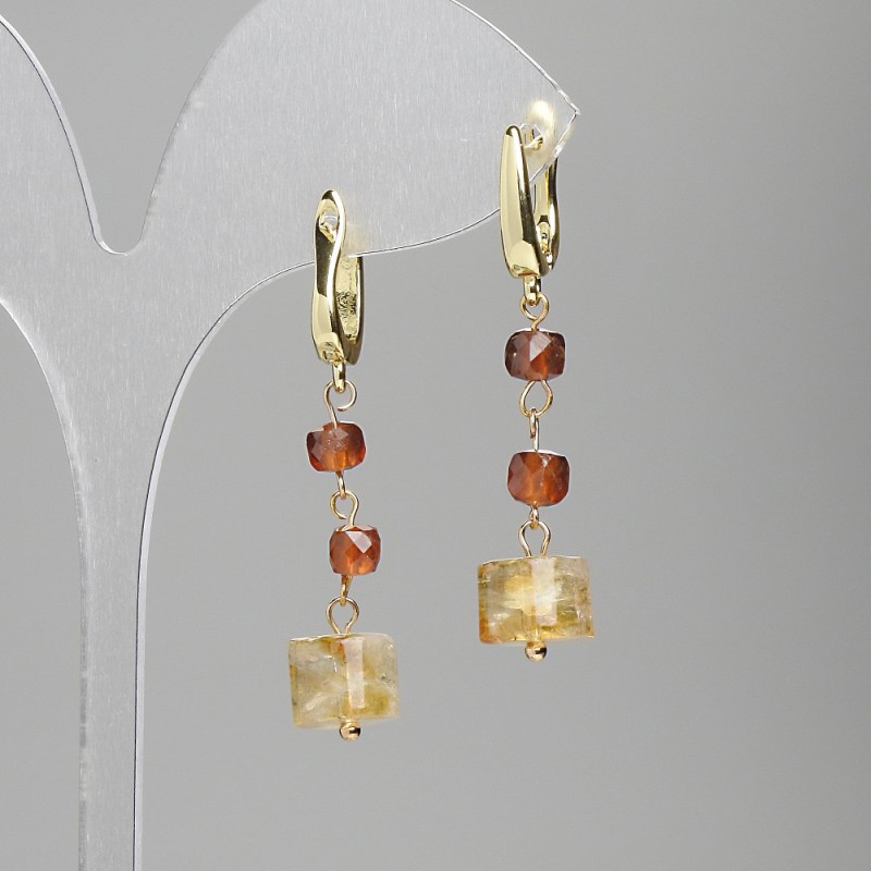 Earrings Citrine Cylinder 9x6 mm + Hessonite (Yellow Garnet) Cube 4 mm +, Length 42 mm +