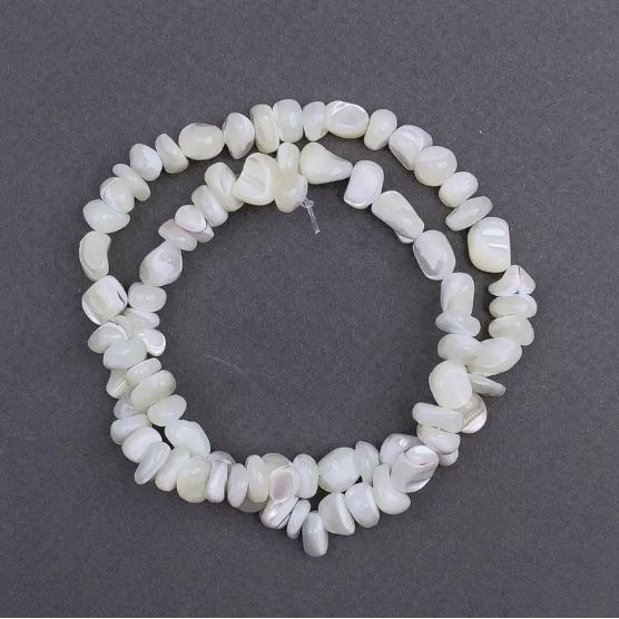 Mother-of-Pearl Lentil Beads, 8x6 mm, about 41 mm long on a beading thread
