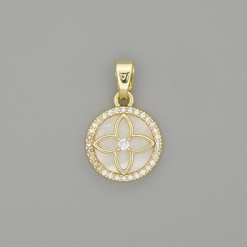 Pendant with mother-of-pearl clover in a circle of rhinestones, gold-tone metal, 20x13mm+