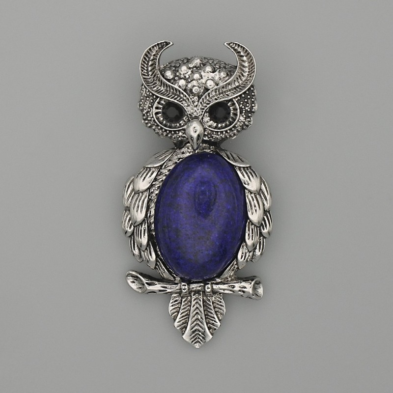 Owl Lapis Lazuli Brooch-Pendant, 60×29 mm, black crystals, silver-colored metal