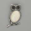 Owl Brooch Pendant with Mother-of-Pearl, 45x25mm +/- black rhinestones, silvery metal