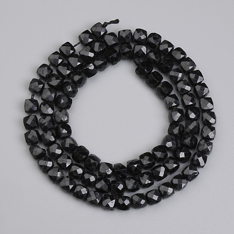Black tourmaline beads, faceted cube, 4x4 mm, 39 cm length on thread